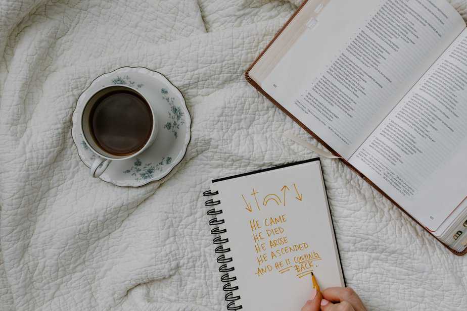 Open Bible, cup of coffee and open journal with the text 